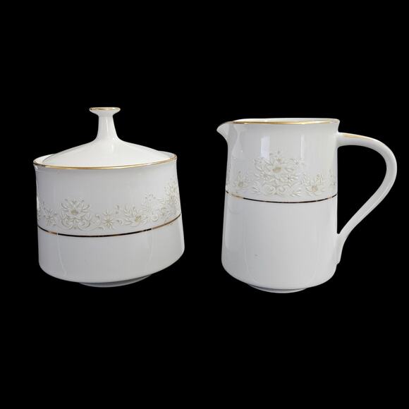 Noritake Dearest 2034 Creamer Sugar Bowl Set with Lid Japan Gold Trim Fine China - Picture 2 of 5